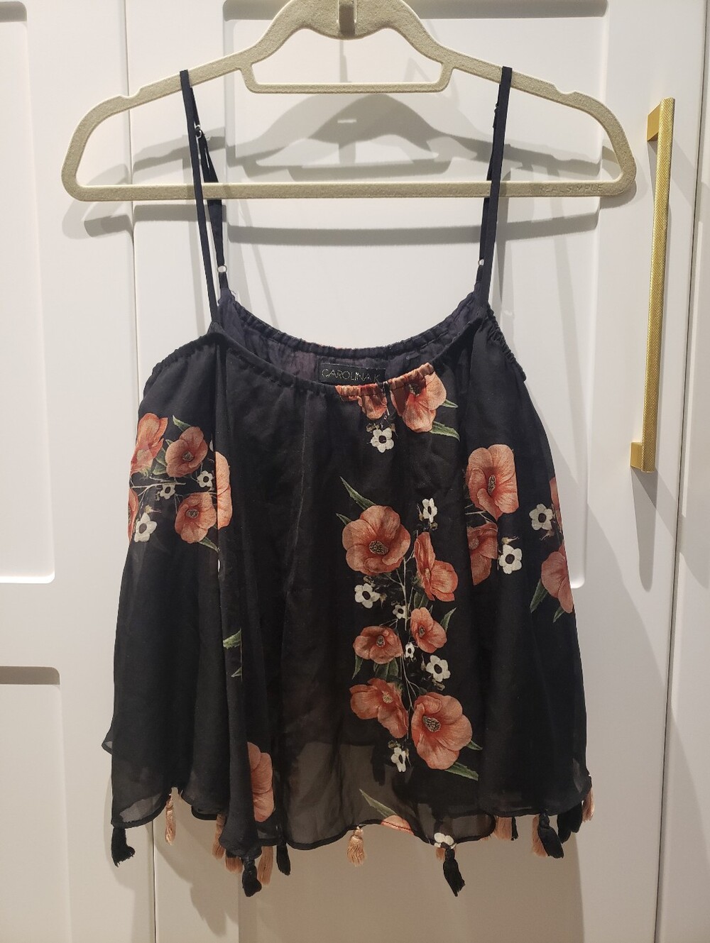 Black Floral Spaghetti-Strap Camisole with Peach Blooms